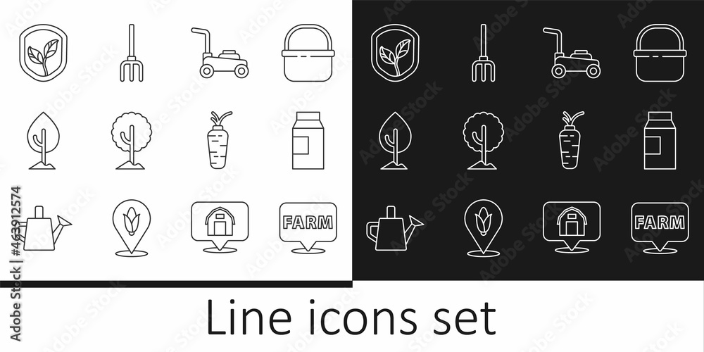 Set line Location farm, Paper package for milk, Lawn mower, Tree, Shield with leaf, Carrot and Garden pitchfork icon. Vector