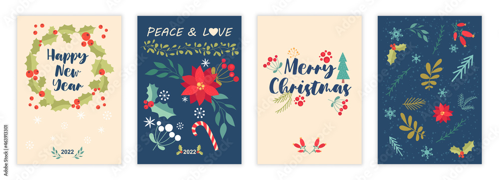 Fototapeta premium Set of cute bold Merry Christmas greeting cards on colorful background. Universal trendy art templates for winter holidays celebration. Flat cartoon vector illustration