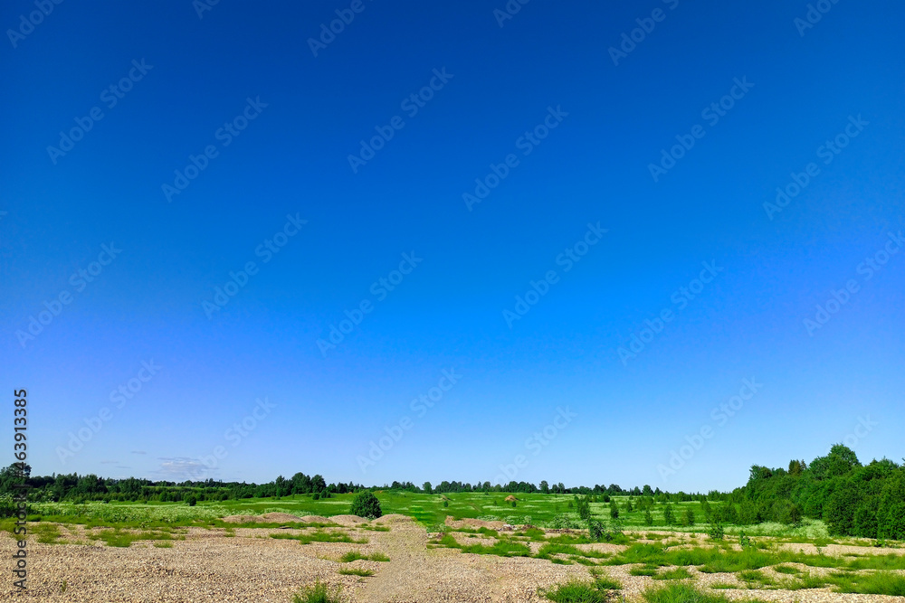 Green field and trees, blue sky without clouds. Image for the project, design, photo wallpaper.