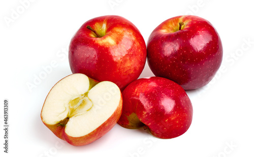 Shiny Red ripe apples, isolated on white background. Fresh raw organic fruits.