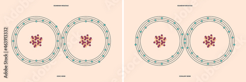 Conceptual vector representation of a scandium molecule, made up of two atoms, and the types of chemical bonds: covalent, atoms sharing electrons, and ionic, an atom gives an electron to another atom.