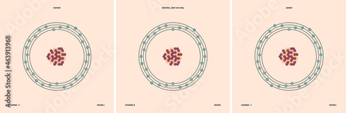 Conceptual vector representation of a nickel atom and its ions: a cation with less electrons than protons and positive charge, and an anion with more electrons than protons and negative charge.
