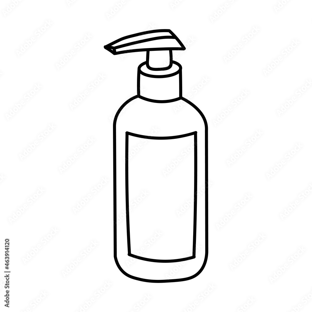 Cosmetic bottle. Black simple line soap dispenser. Sanitizer line art. Hand drawn icon. Virus and bacteria prevention. Vector illustration in doodle style isolated on white background. Cosmetic bottle. Black simple line soap dispenser. Sanitizer line art. Hand drawn icon. Virus and bacteria prevention. Vector illustration in doodle style isolated on white background.