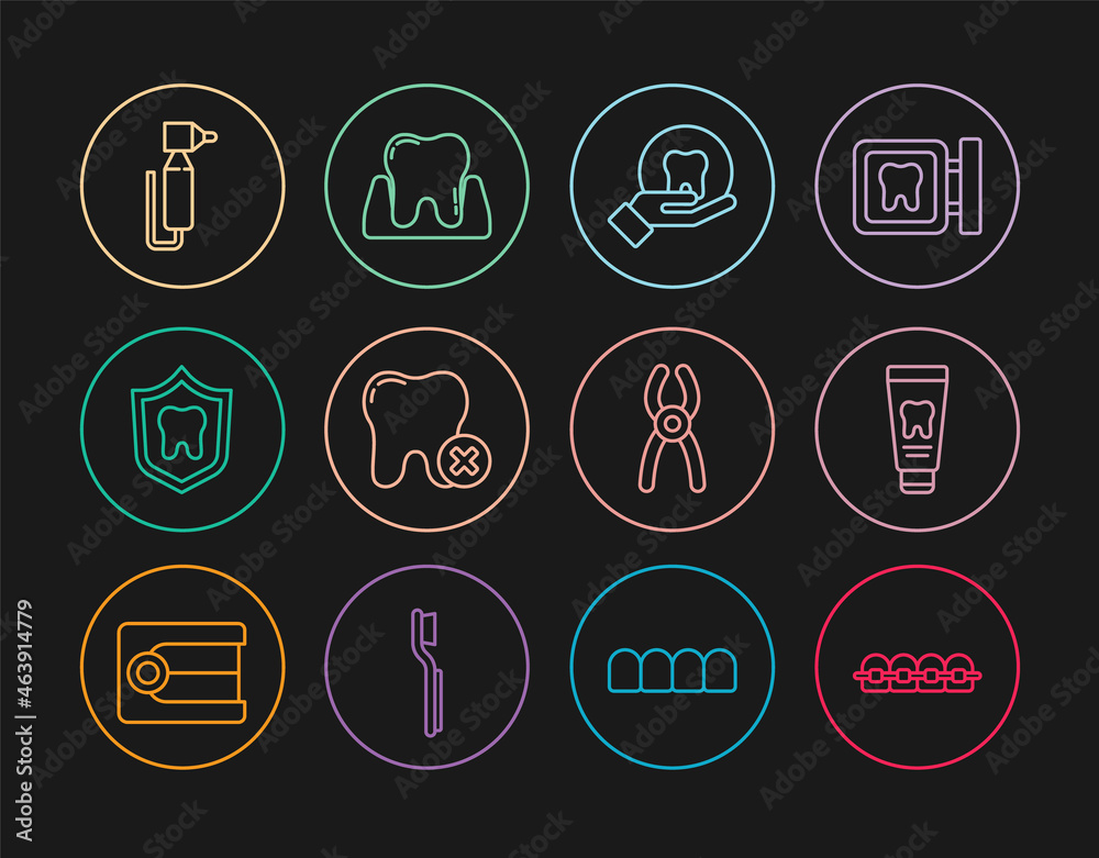 Set line Teeth with braces, Tube of toothpaste, Tooth, caries, Dental protection, drill, pliers and icon. Vector Set line Teeth with braces, Tube of toothpaste, Tooth, caries, Dental protection, drill, pliers and icon. Vector