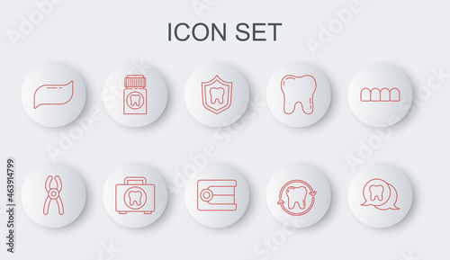 Set line Tooth, Dental pliers, protection, whitening, Toothpaste, Painkiller tablet, First aid kit and Dentures model icon. Vector