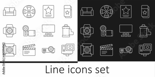 Set line Action extreme camera, Camera film roll cartridge, Hollywood walk of fame star, Cinema, Movie spotlight, chair, auditorium with seats and Film reel icon. Vector