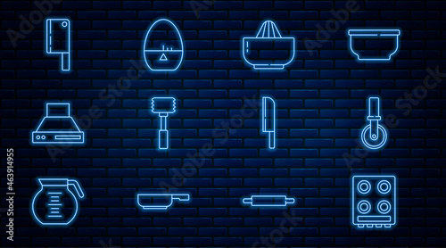 Set line Gas stove, Pizza knife, Citrus fruit juicer, Kitchen hammer, extractor fan, Meat chopper, Knife and timer icon. Vector