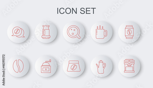 Set line Coffee machine, beans, cup, Teapot, and conversation, Aeropress coffee, Manual grinder and Bag icon. Vector