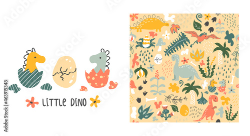 Dino pattern. Little dino and cracked egg. Vector background. Seamless pattern with dinosaurs, prehistoric plants, spots, traces,  raindrops and eggs. Baby print