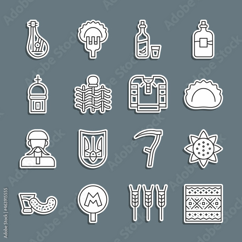 Set line Ukrainian ethnic pattern, Sunflower, Dumplings, Vodka with pepper and glass, Wicker fence, Church tower, Bandura and Embroidered shirt icon. Vector