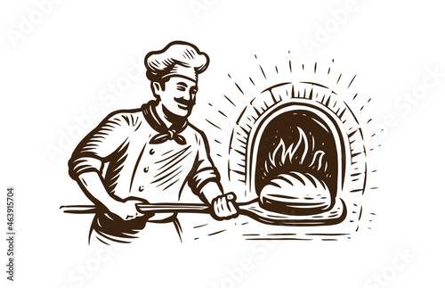 Baker holding baking pan into wood oven. Vector illustration in retro style