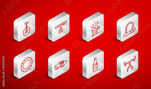 Set line Bicycle handlebar, bell, lock, Sport bottle with water, Unicycle one wheel bicycle, shoes and tire icon. Vector