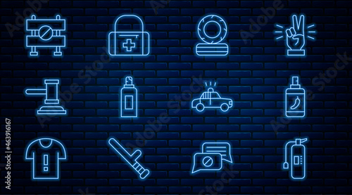 Set line Fire extinguisher, Pepper spray, Lying burning tires, Paint can, Judge gavel, Road barrier, Police car and flasher and First aid kit icon. Vector