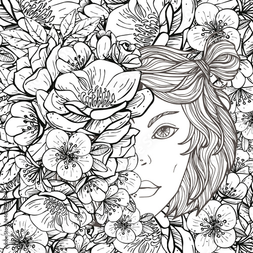 coloring book with the face of a beautiful girl among the flowers