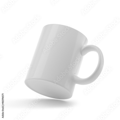 White ceramic mockup mug. Isolated on white background falls in foreshortening. 3D illustration