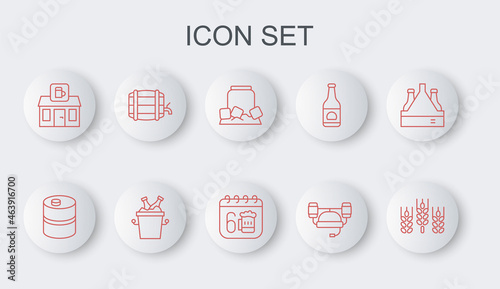 Set line Wheat, Metal beer keg, Cold can, Beer helmet, Store building of shop, Wooden barrel on rack, bottles ice bucket and Saint Patricks day calendar icon. Vector