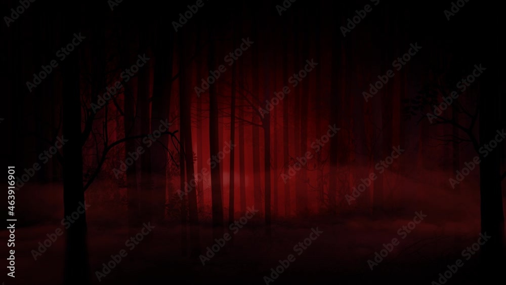 Haunted Red Forest with Bats and Skeleton 4K Background features a forest with a red atmosphere with bats flying and a skeleton walking across the scene in a loop.