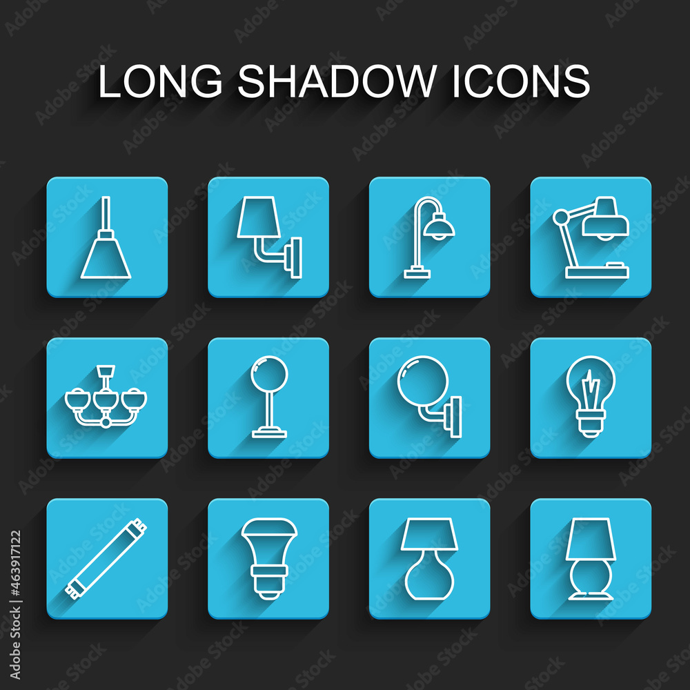 Set line Fluorescent lamp, LED light bulb, Chandelier, Table, Floor, Light and Wall sconce icon. Vector Set line Fluorescent lamp, LED light bulb, Chandelier, Table, Floor, Light and Wall sconce icon. Vector