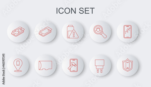 Set line Mobile with shield, Phone repair service, Smartphone battery charge, Charger, broken screen, Glass protector, Micro SD memory card and icon. Vector