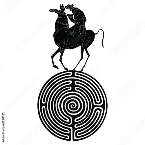 Ancient Greek rider on top of a round spiral maze or labyrinth symbol. God Dionysus holding rhyton of wine. Creative concept. Black and white silhouette.