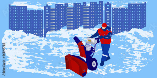 Winter city landscape, snowdrifts. Worker in overalls with a snowblower - art, illustration, horizontal - vector.
