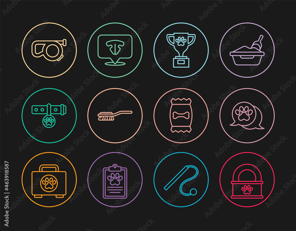 Set line Canned food, Paw print, Pet award, Hair brush for dog and cat, Collar with name tag, Retractable cord leash, Bag of pet and Cat nose icon. Vector Set line Canned food, Paw print, Pet award, Hair brush for dog and cat, Collar with name tag, Retractable cord leash, Bag of pet and Cat nose icon. Vector