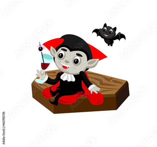 Cute cartoon style illustration of a vampire sitting on a coffin and drinking