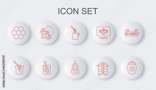 Set line Jar of honey, Honey dipper stick with, Hive for bees, Honeycomb, Bee and honeycomb, and icon. Vector