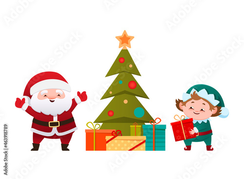 Cute Santa Claus and little elf near the Christmas tree unwrapping presents. Flat cartoon style vector illustration ,white background