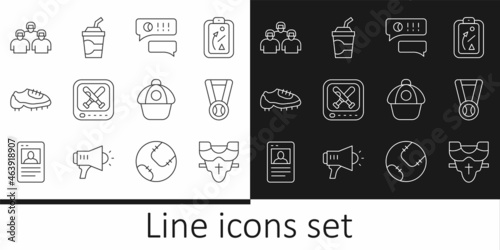 Set line Player chest protector, Medal with baseball ball, Speech bubble chat, Monitor game, Baseball boot, Team of players, cap and Paper glass water icon. Vector