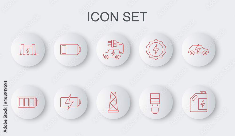 Set line Eco fuel canister, Battery, Electric car, LED light bulb, Hydroelectric dam, and Antenna icon. Vector Set line Eco fuel canister, Battery, Electric car, LED light bulb, Hydroelectric dam, and Antenna icon. Vector