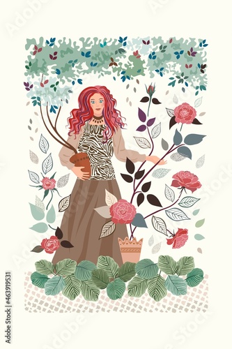 A lady with blue eyes and pinky purple curly hair in her indoor garden with coral roses and other lush plants. The design is showcases the beauty of plant characteristics with an illustrative style.