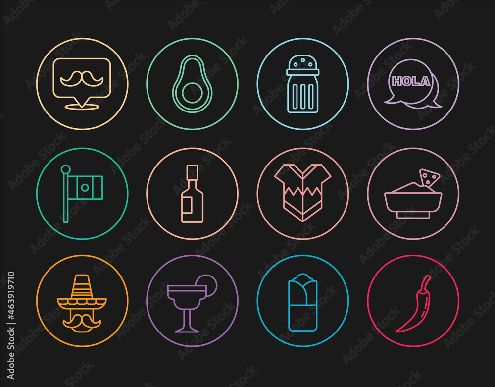Set line Hot chili pepper pod, Nachos in bowl, Salt, Tabasco sauce, Mexico flag, Mustache, Poncho and Avocado fruit icon. Vector