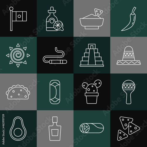 Set line Nachos, Maracas, Mexican sombrero, in bowl, Cigar, Sun, Mexico flag and Chichen Itza Mayan icon. Vector