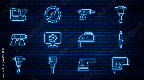 Set line Electric jigsaw, Soldering iron, cordless screwdriver, Circular blade, Paint spray gun, planer tool, and icon. Vector
