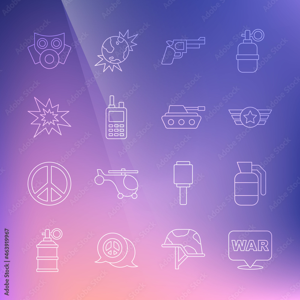 Set line The word war, Hand grenade, Star American military, Pistol gun, Walkie talkie, Bomb explosion, Gas mask and Military tank icon. Vector