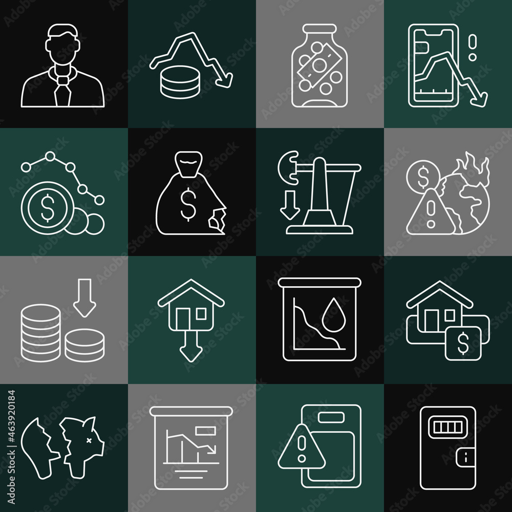 Set line Prison cell door, Hanging sign with Sale, Global economic crisis, Glass money jar coin, Money bag, Dollar rate decrease, Worker and Drop crude oil price icon. Vector Set line Prison cell door, Hanging sign with Sale, Global economic crisis, Glass money jar coin, Money bag, Dollar rate decrease, Worker and Drop crude oil price icon. Vector
