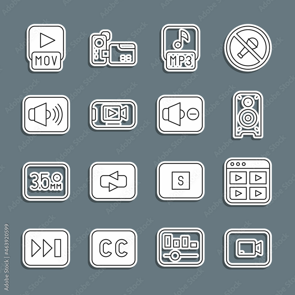 Set line Play video button, Music playlist, Stereo speaker, MP3 file, Online, Speaker volume, MOV and mute icon. Vector