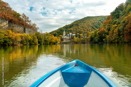 Принти на полотні boating on Hamori lake in Miskolc Lillafured with the palace on the background