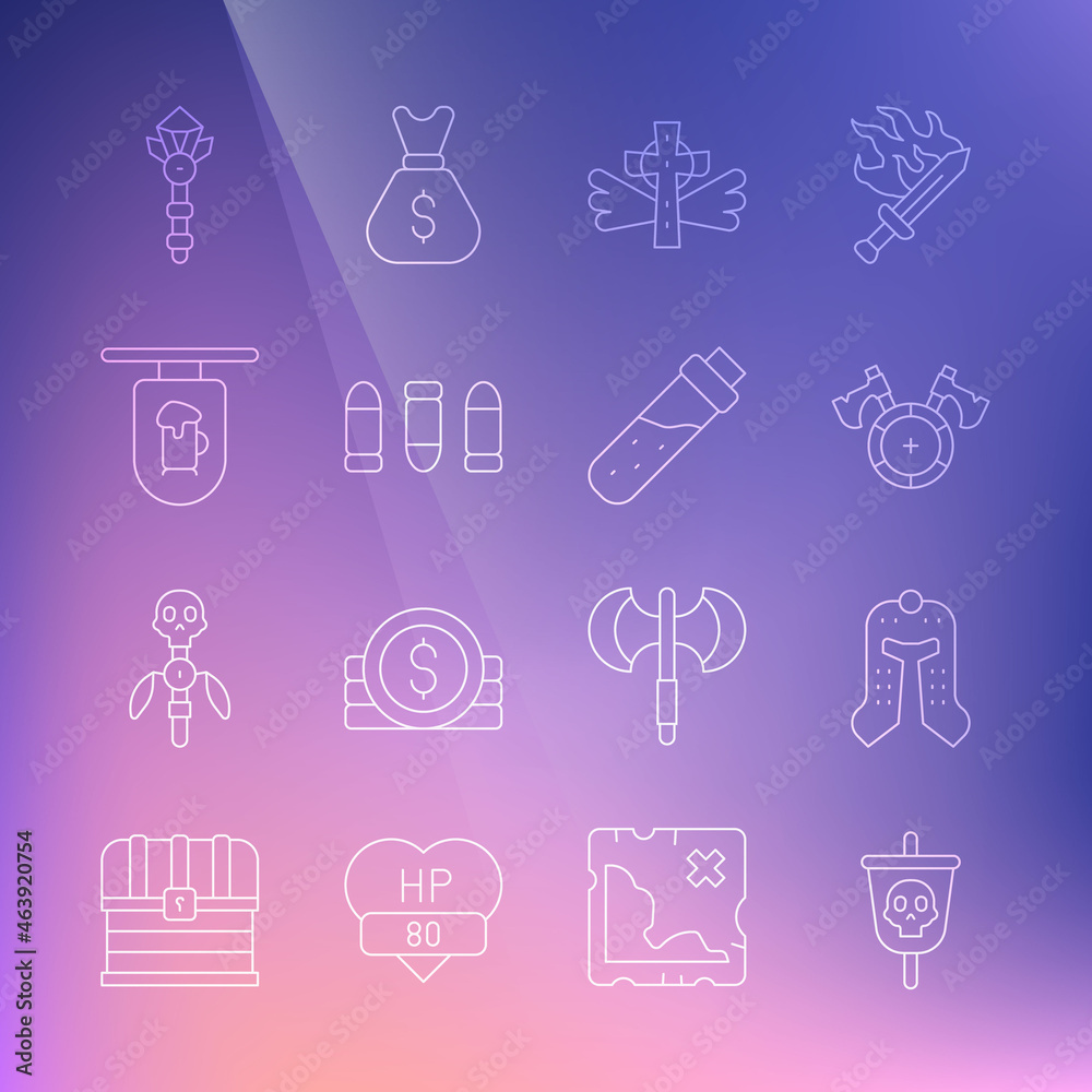 Set line Pirate flag, Medieval helmet, shield with axe, Christian cross, Bullet, Street signboard Bar, Magic wand and Bottle potion icon. Vector Set line Pirate flag, Medieval helmet, shield with axe, Christian cross, Bullet, Street signboard Bar, Magic wand and Bottle potion icon. Vector