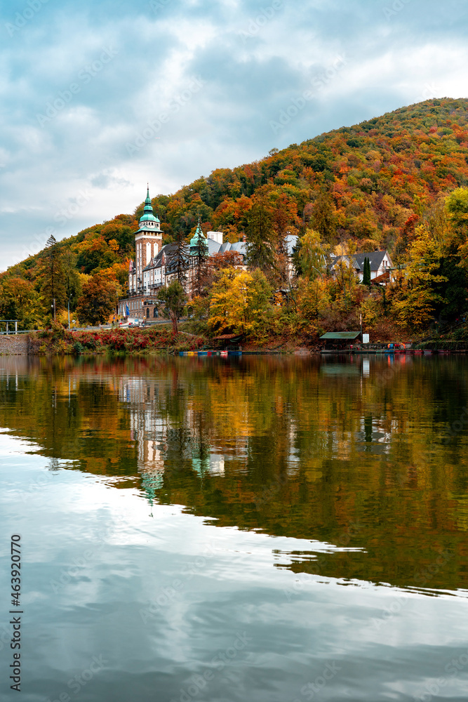 autumn at Hamori lake in Miskolc Lillafured with the palace castle and reflection autumn at Hamori lake in Miskolc Lillafured with the palace castle and reflection