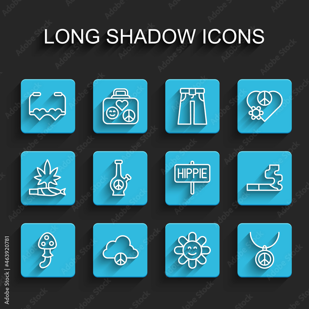 Set line Psilocybin mushroom, Peace cloud, Heart shaped love glasses, Flower, Necklace with peace symbol, Bong, Cigarette and icon. Vector Set line Psilocybin mushroom, Peace cloud, Heart shaped love glasses, Flower, Necklace with peace symbol, Bong, Cigarette and icon. Vector