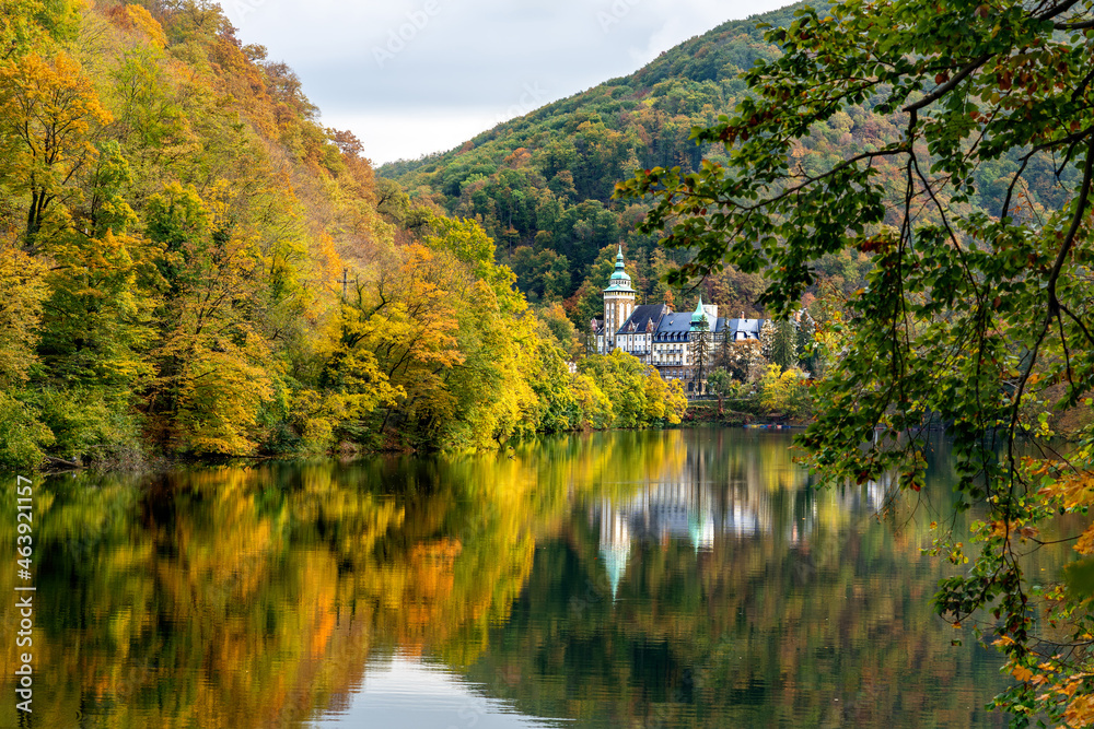 Hungarian trail tour autumn season at Hamori lake in Miskolc Lillafured with the palace castle and reflection