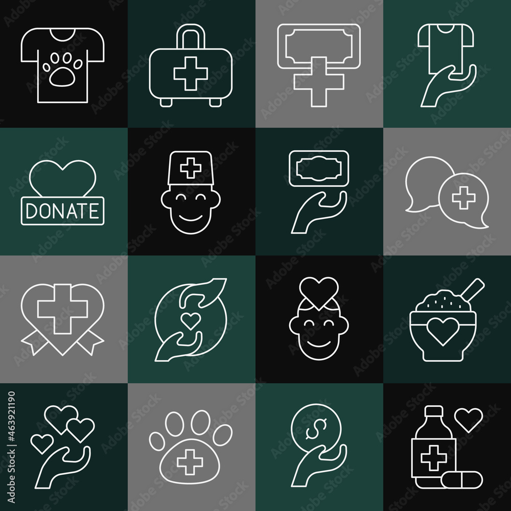 Set line Medicine bottle and pills, Donation food, Dialogue with doctor, charity, Male, Animal volunteer and icon. Vector