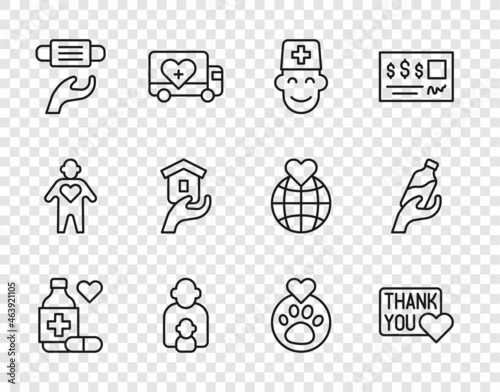 Set line Medicine bottle and pills, Thank you with heart, Male doctor, Taking care of children, Medical protective mask, Shelter for homeless, Heart animals footprint and Donation water icon. Vector