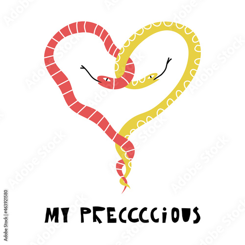 Two snakes intertwined in the shape of a heart and My precious hand lettering. Valentine's Day funny greeting card.