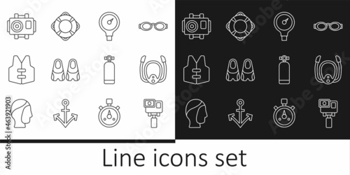 Set line Action extreme camera, Diving mask with snorkel, Gauge scale, Flippers for swimming, Life jacket, Photo diver, Aqualung and Lifebuoy icon. Vector
