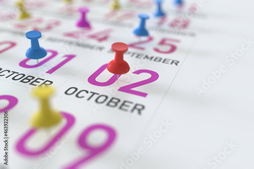 October 2 date and push pin on a calendar, 3D rendering