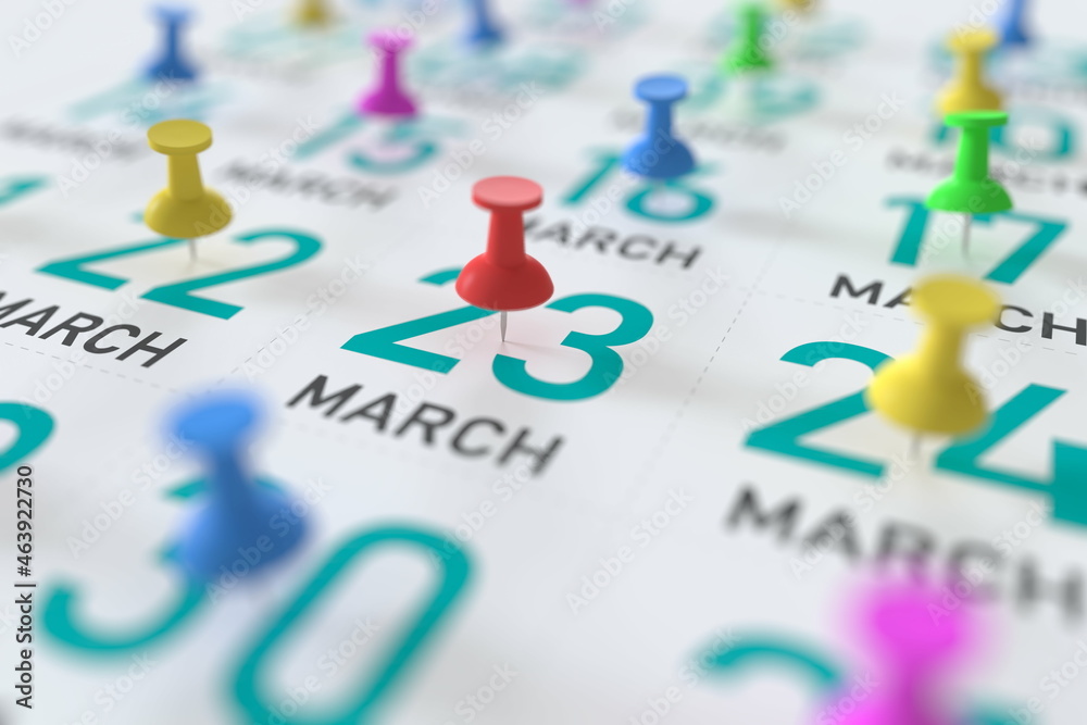 March 23 date and push pin on a calendar, 3D rendering March 23 date and push pin on a calendar, 3D rendering