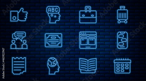 Set line School timetable, New chat messages notification, Briefcase, Certificate template, Two sitting men talking, Hand like, Online translator and Learning foreign languages icon. Vector